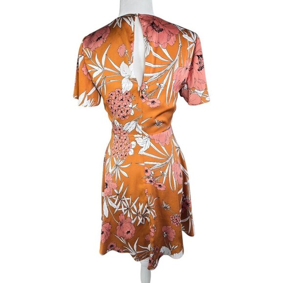 Express Faux Wrap Floral Rust Mustard Yellow Sexy Back Fit & Flare Mini Dress - Picture 5 of 9